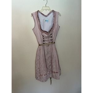 Lifos Women's Pink Midi Dirndl Dress With Ribbon Sleeveless V-Neck Oktoberfest